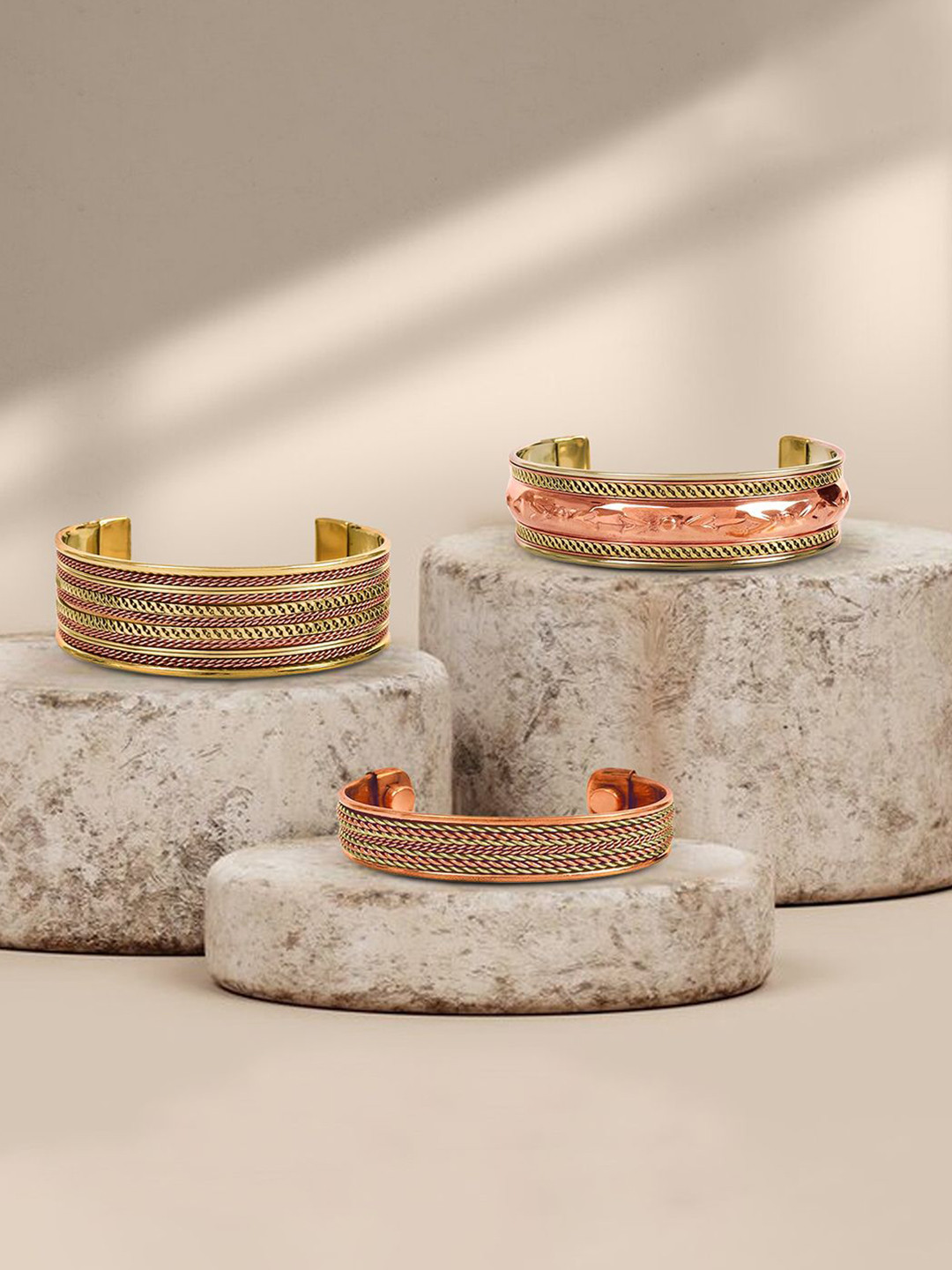 Peora Unisex Set Of 3 Rose Gold-Plated Cuff Bracelet