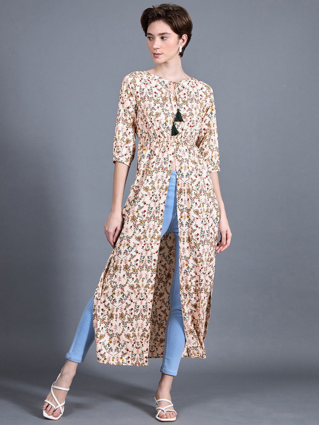 Miss Chase Women Floral Tie-Up Tassel Detailing Front Slit Maxi Formal Top