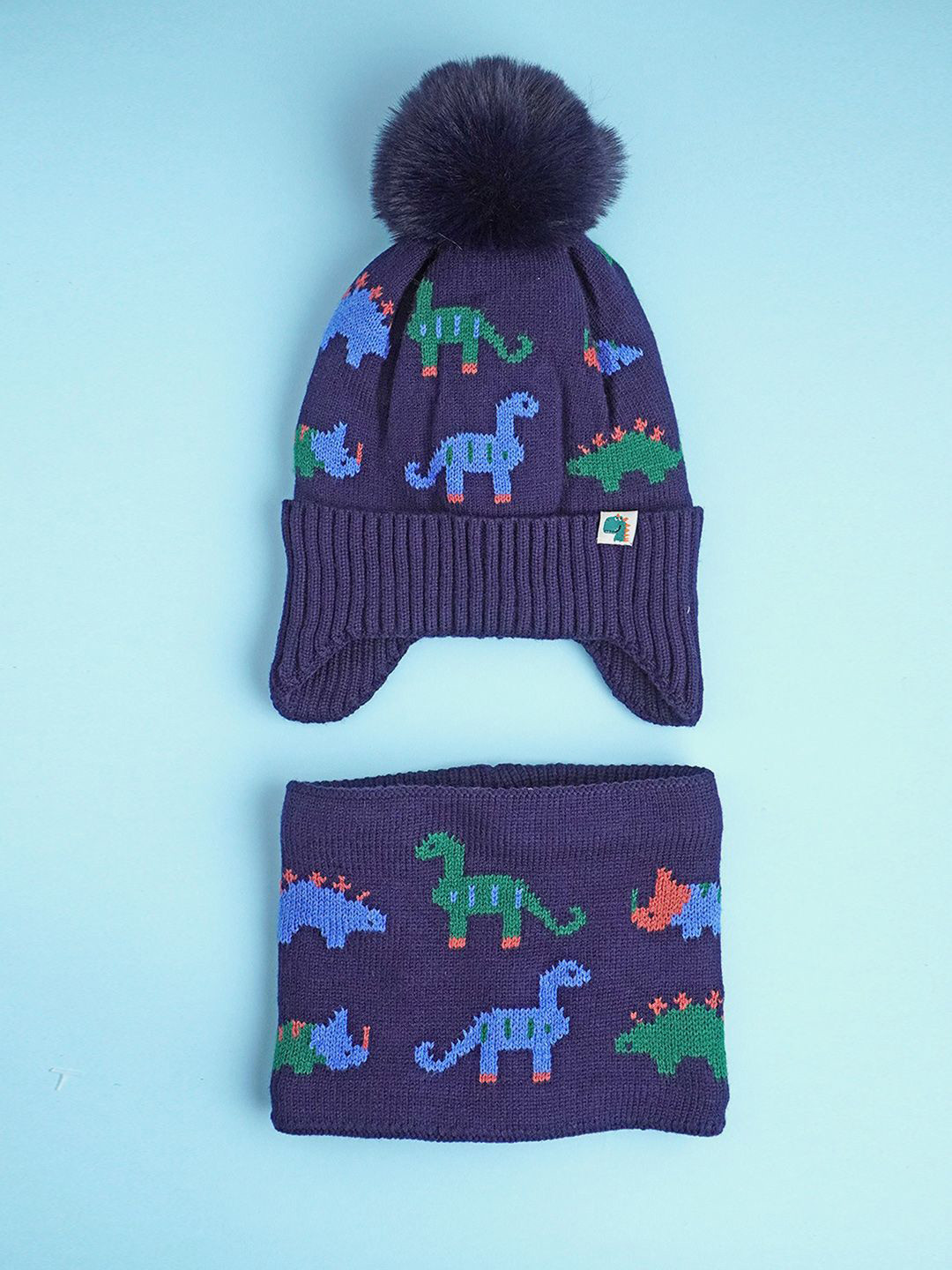 Little Surprise Box LLP Kids Dino Themed Beanie Winter Cap With Matching Neck Muffler