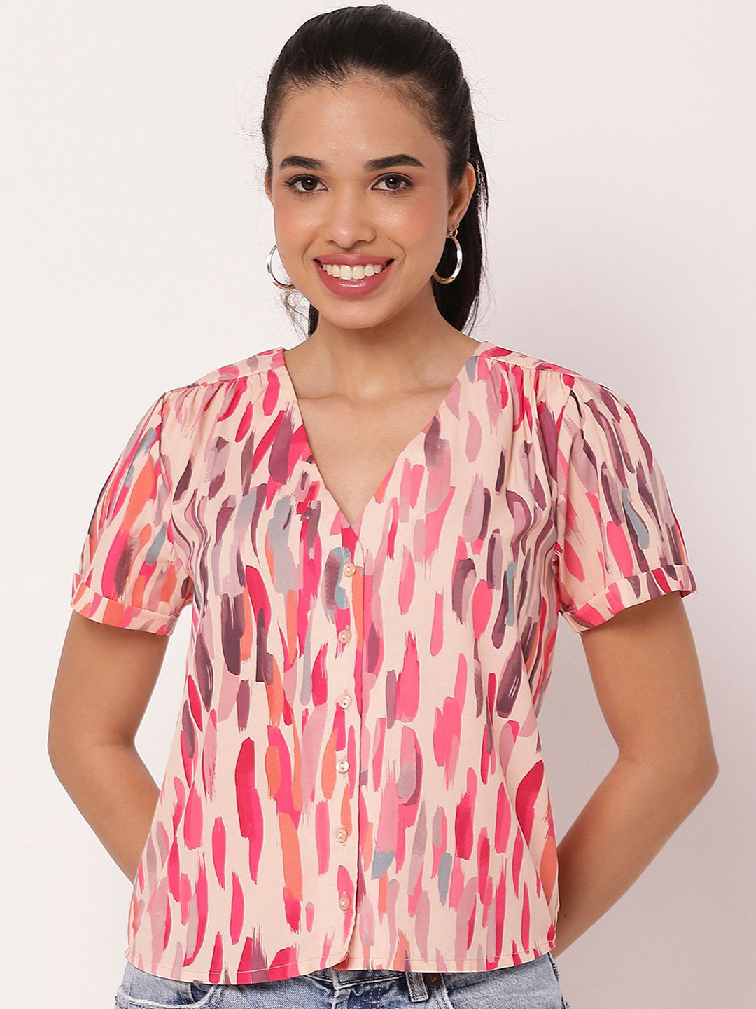 Moomaya V Neck Printed Crepe Shirt Style Top