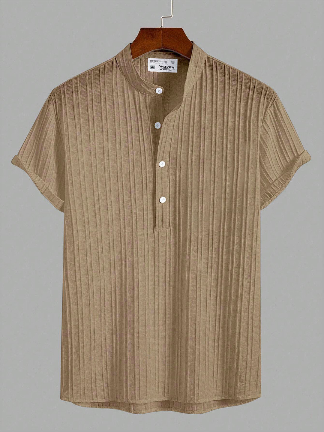 WOXEN Men Original Fit Mandarin Collar Vertical Striped Casual Shirt