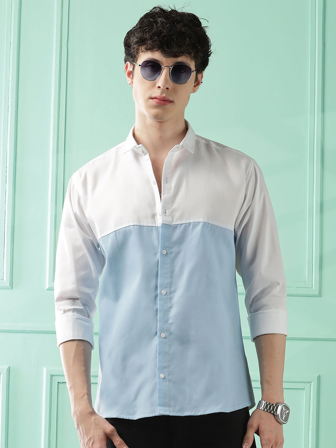 WOXEN Men Original Fit Spread Collar Colourblocked Cotton Casual Shirt