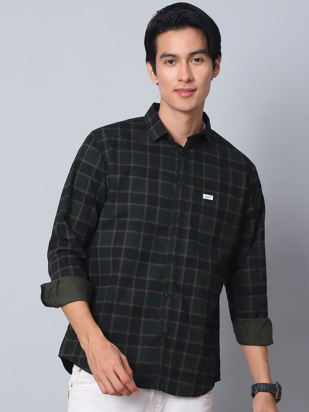 Majestic Man Men Contemporary Slim Fit Spread Collar Gingham Checked Cotton Casual Shirt