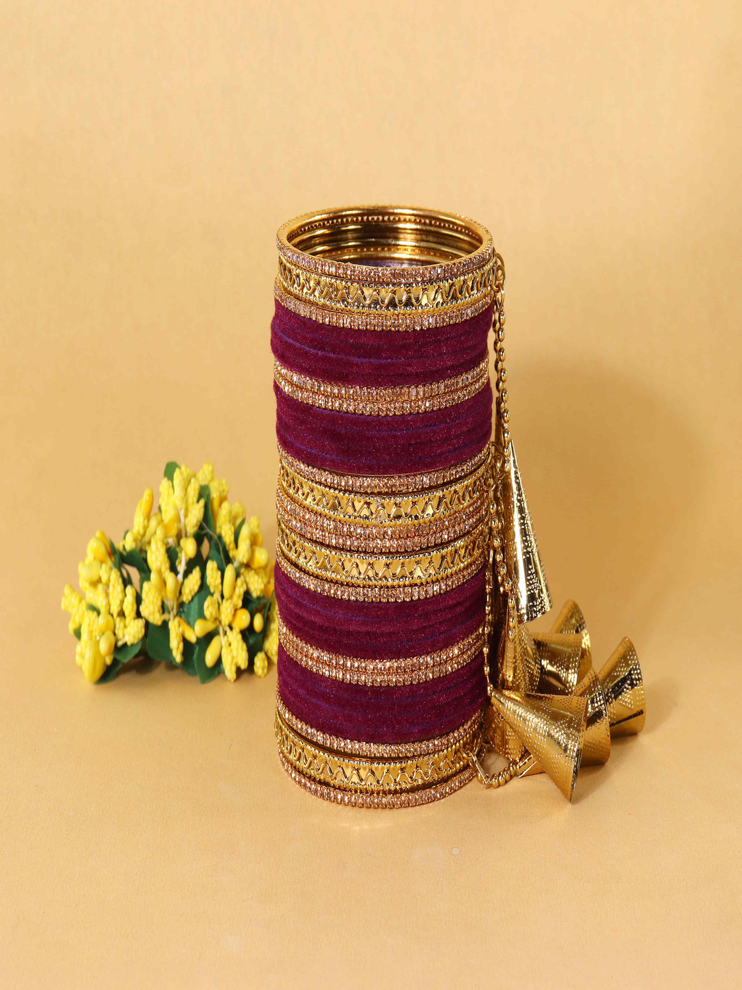 ZULKA Set Of 32 Fancy Golden Latkan Metal Bangles