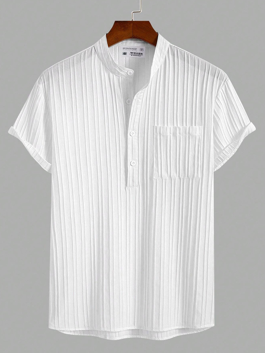 WOXEN Men Original Fit Mandarin Collar Vertical Striped Casual Shirt