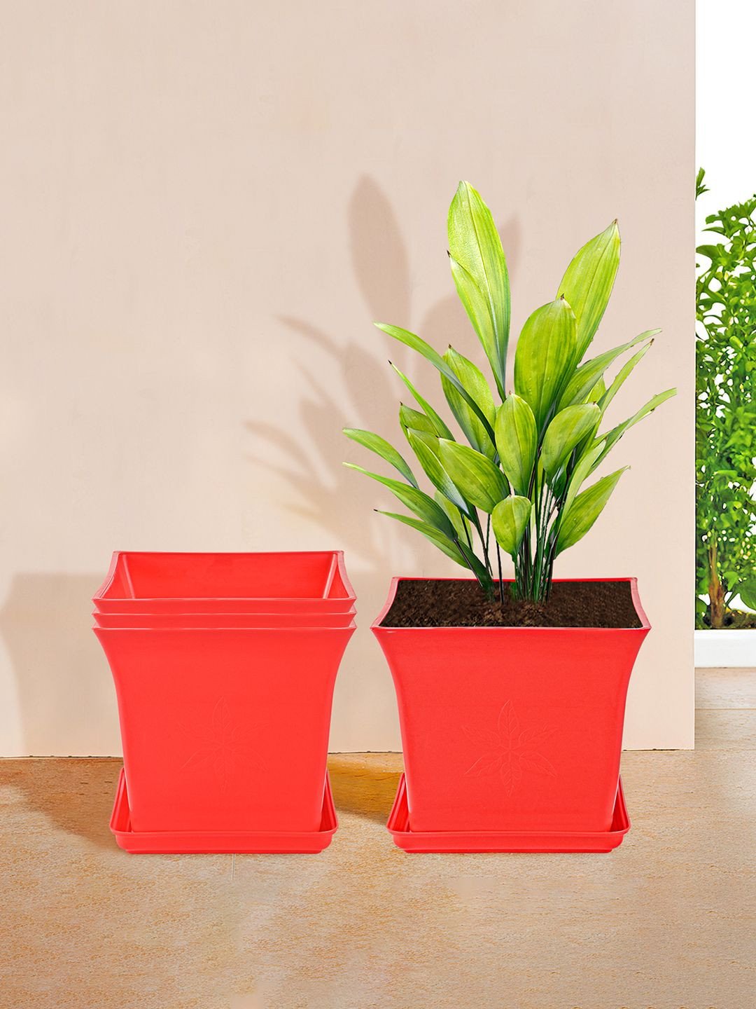 Kuber Industries 4 Pieces Red Premium Flower Pots for Garden with Bottom Plates