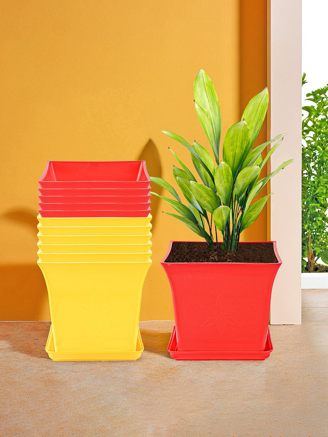 Kuber Industries Red & Yellow 12 Pieces Premium Flower Pots for Garden with Bottom Plates
