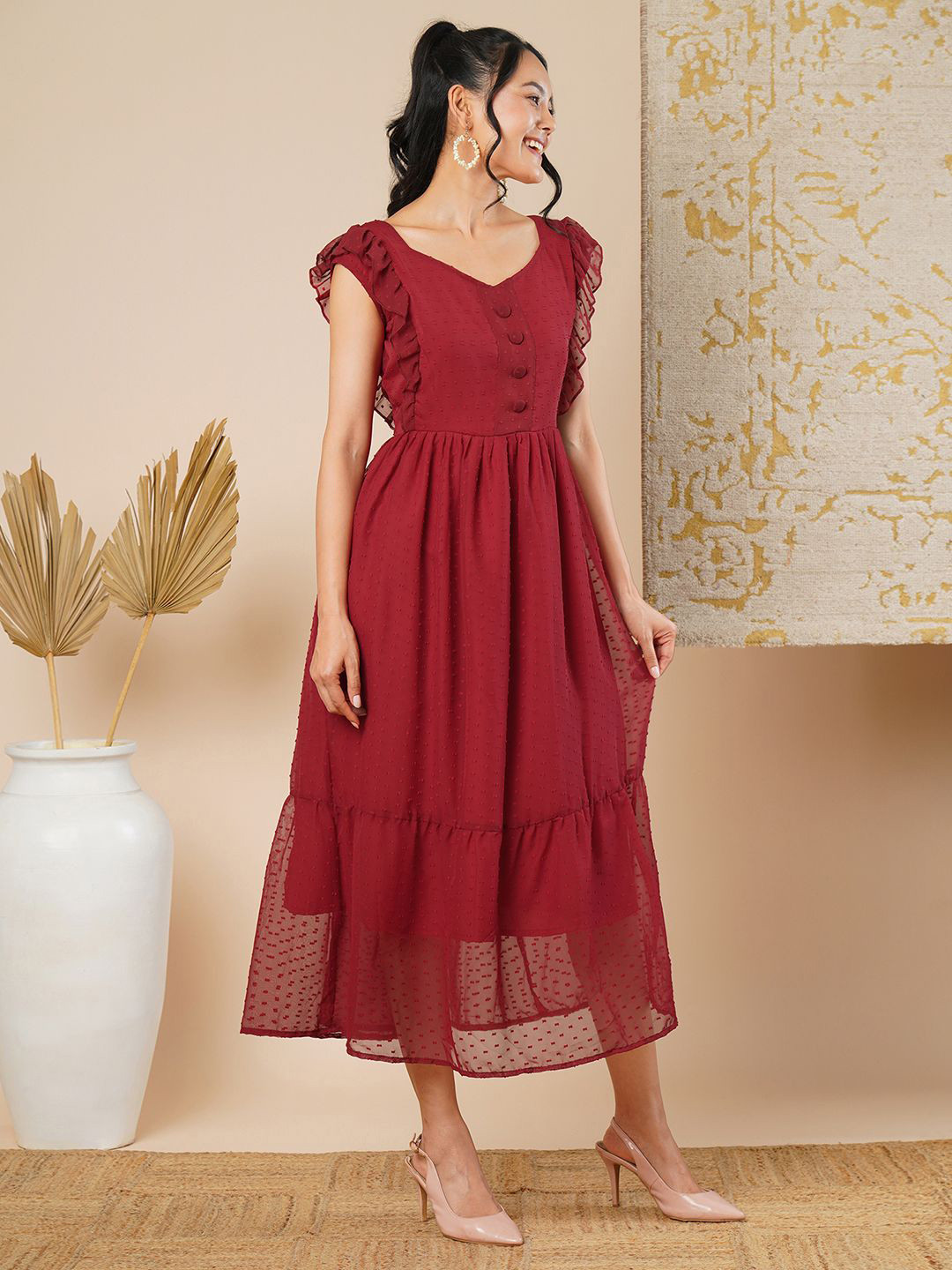 BEN-LEE Self Design Ruffles Detail Fit & Flare Midi Dress