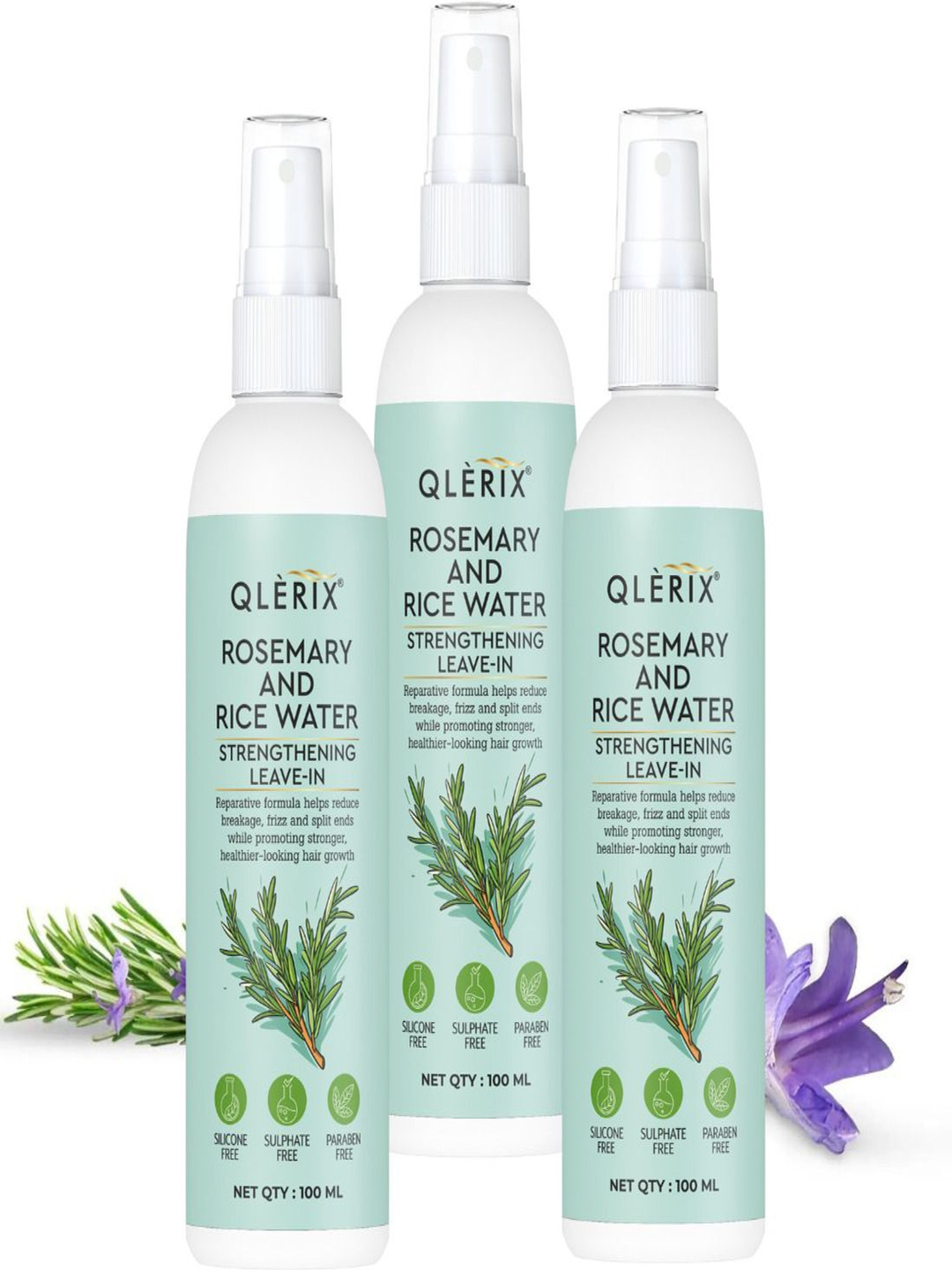 QLERIX Set Of 3 Rosemary & Rice Water Strengthening Leave In Hair Spray - 100 ml Each