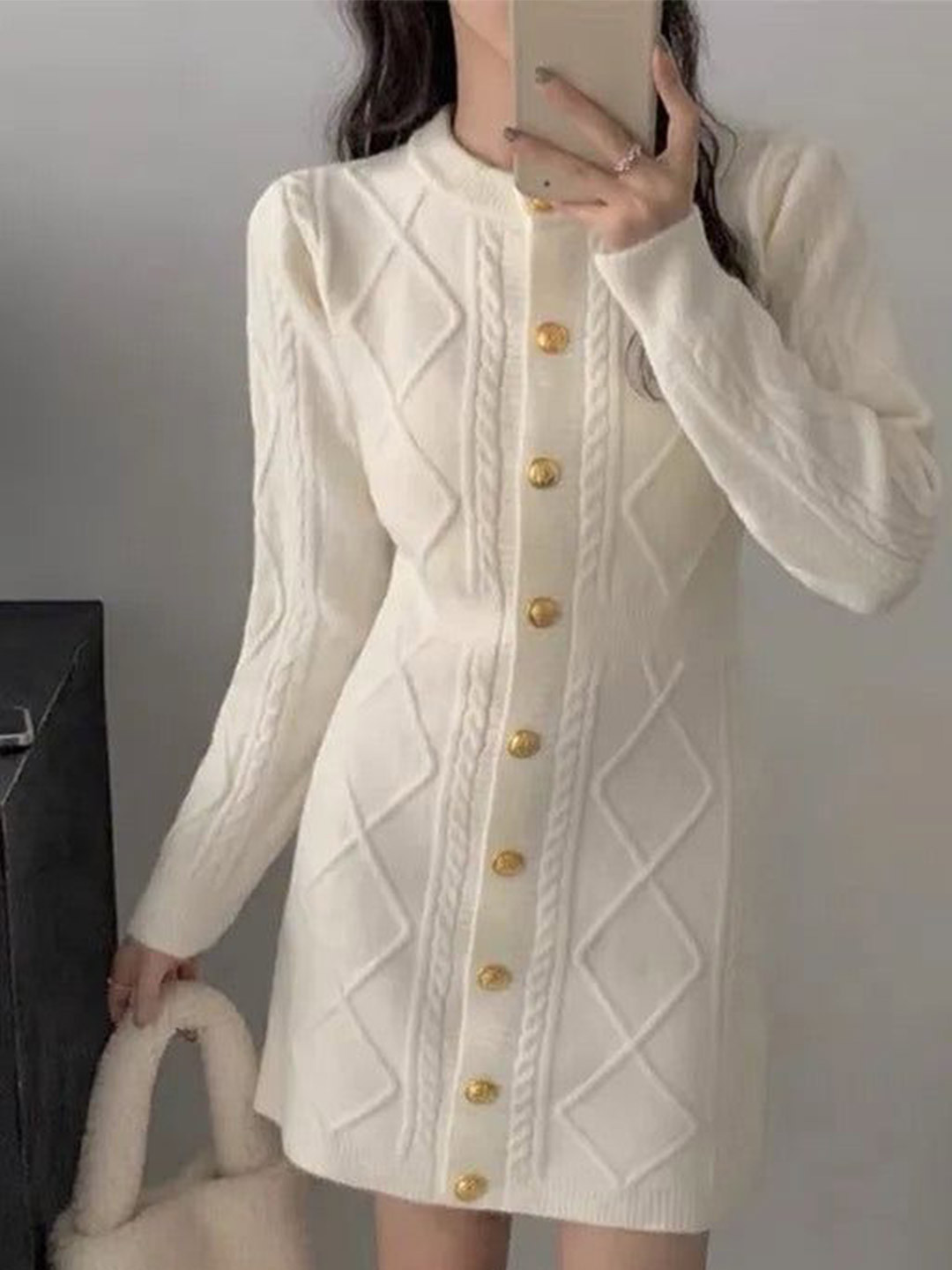 Miss Mosa By Akanksha  Women Beige Leah Premium Woolen Knitted Short Dress