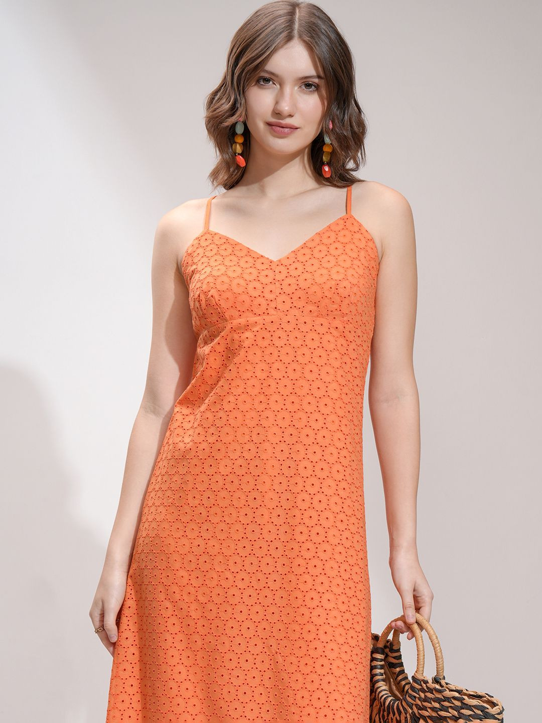 Tokyo Talkies Women Schiffli A-Line Strappy Holiday Midi Dress