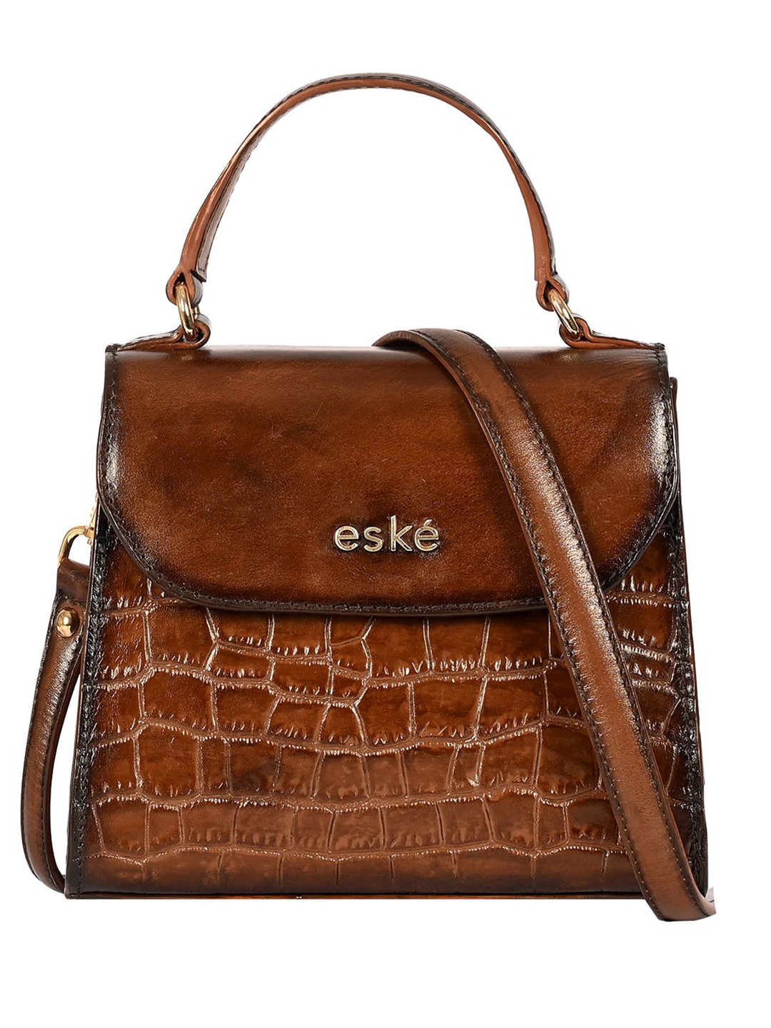 eske Women Tan Printed Flap Closure Compact Shape Small Leather Satchel Handbag