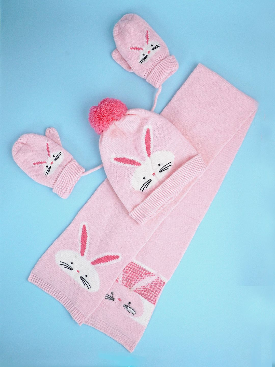 Little Surprise Box LLP Kids Pink Beanie Winter Cap Mufflers And Gloves Set