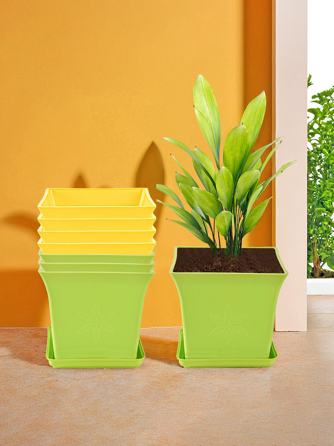 Kuber Industries 8 Pieces Green & Yellow Premium Flower Pots for Garden with Bottom Plates