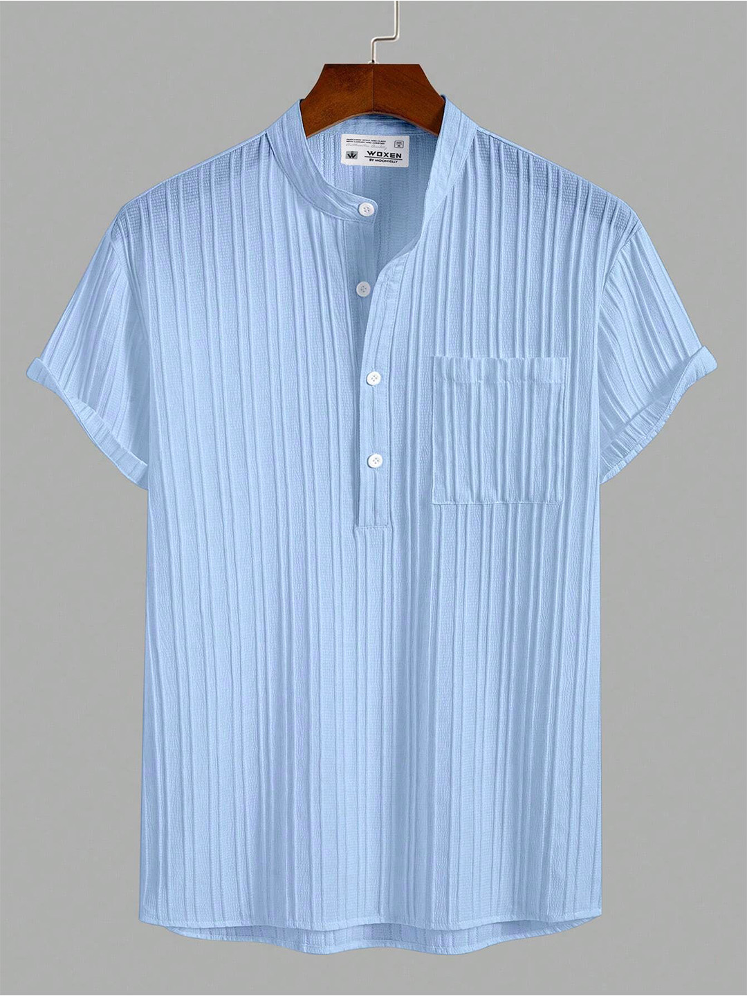 WOXEN Men Original Fit Mandarin Collar Vertical Striped Casual Shirt