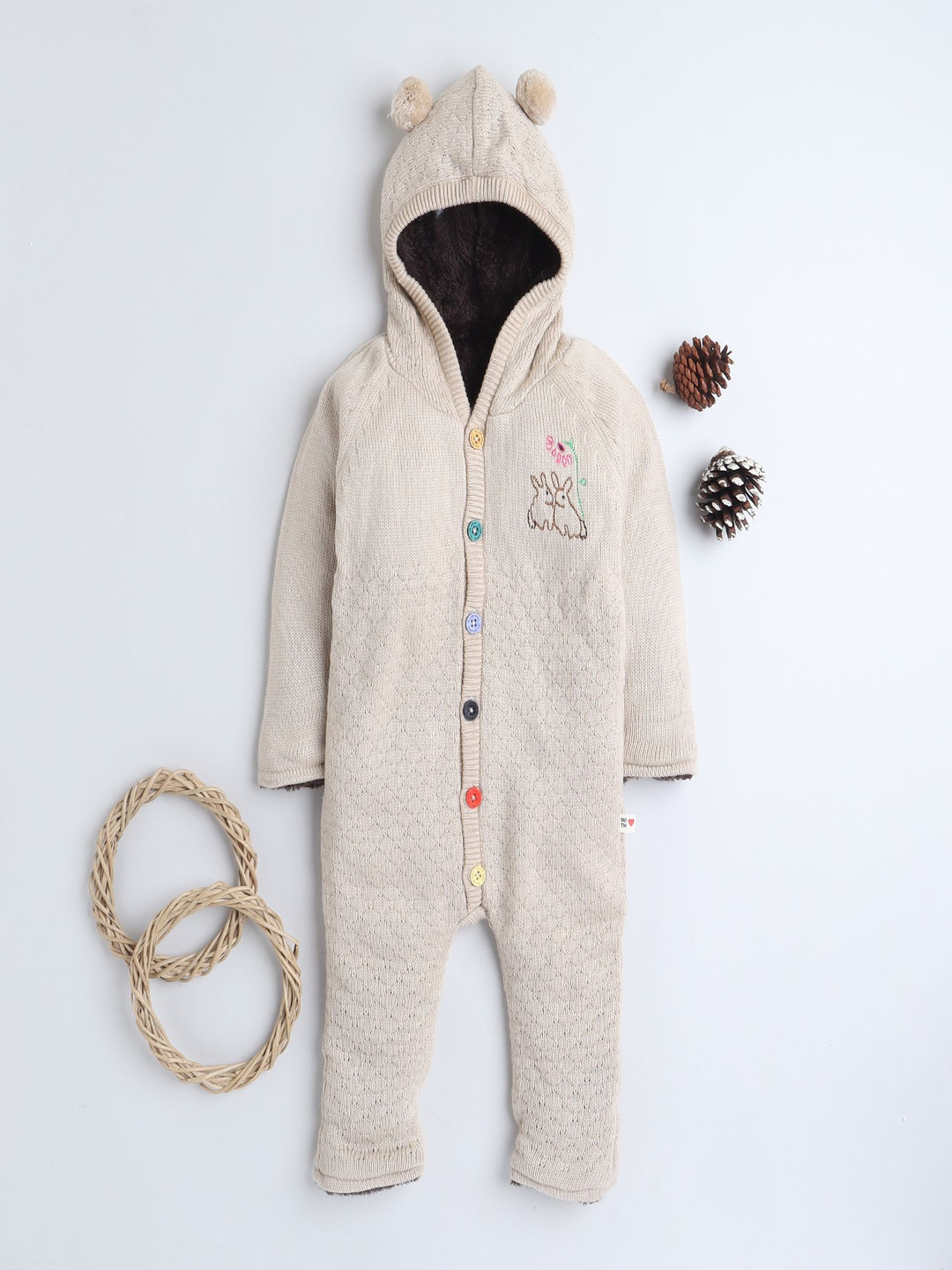 Yellow Apple Kids Solid Hooded Romper with Inner Fleece