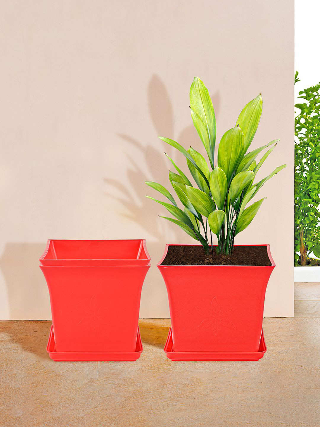 Kuber Industries Red 3 Pcs UV Resistant Premium Flower Pots For Garden With Bottom Plates