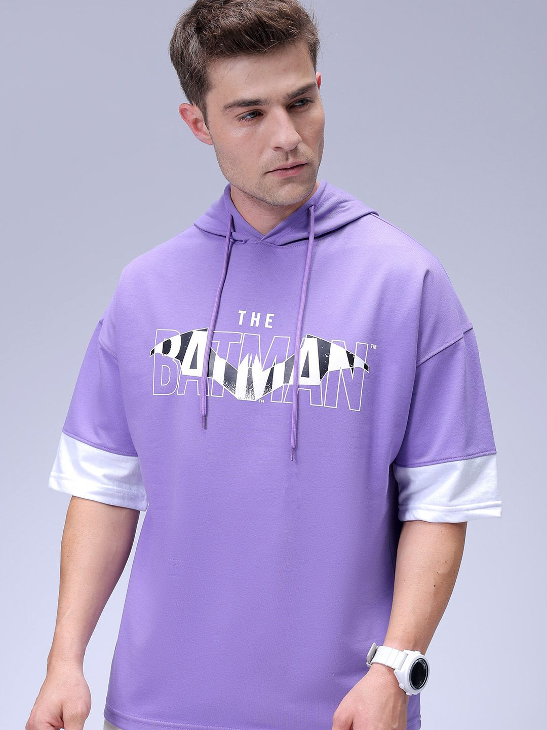 The Indian Garage Co Men Oversized Batman Printed Overhead Hooded Sweatshirt