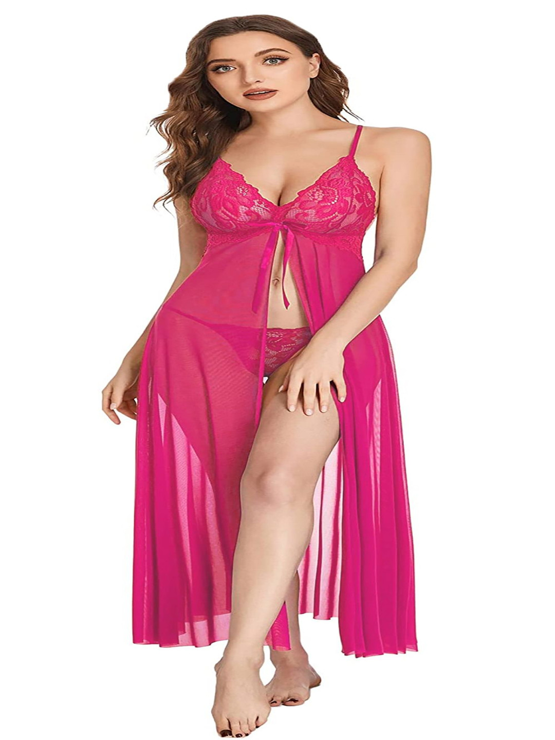 Xs and Os Women Net Shoulder Straps Self Design Baby Doll Comes with briefs