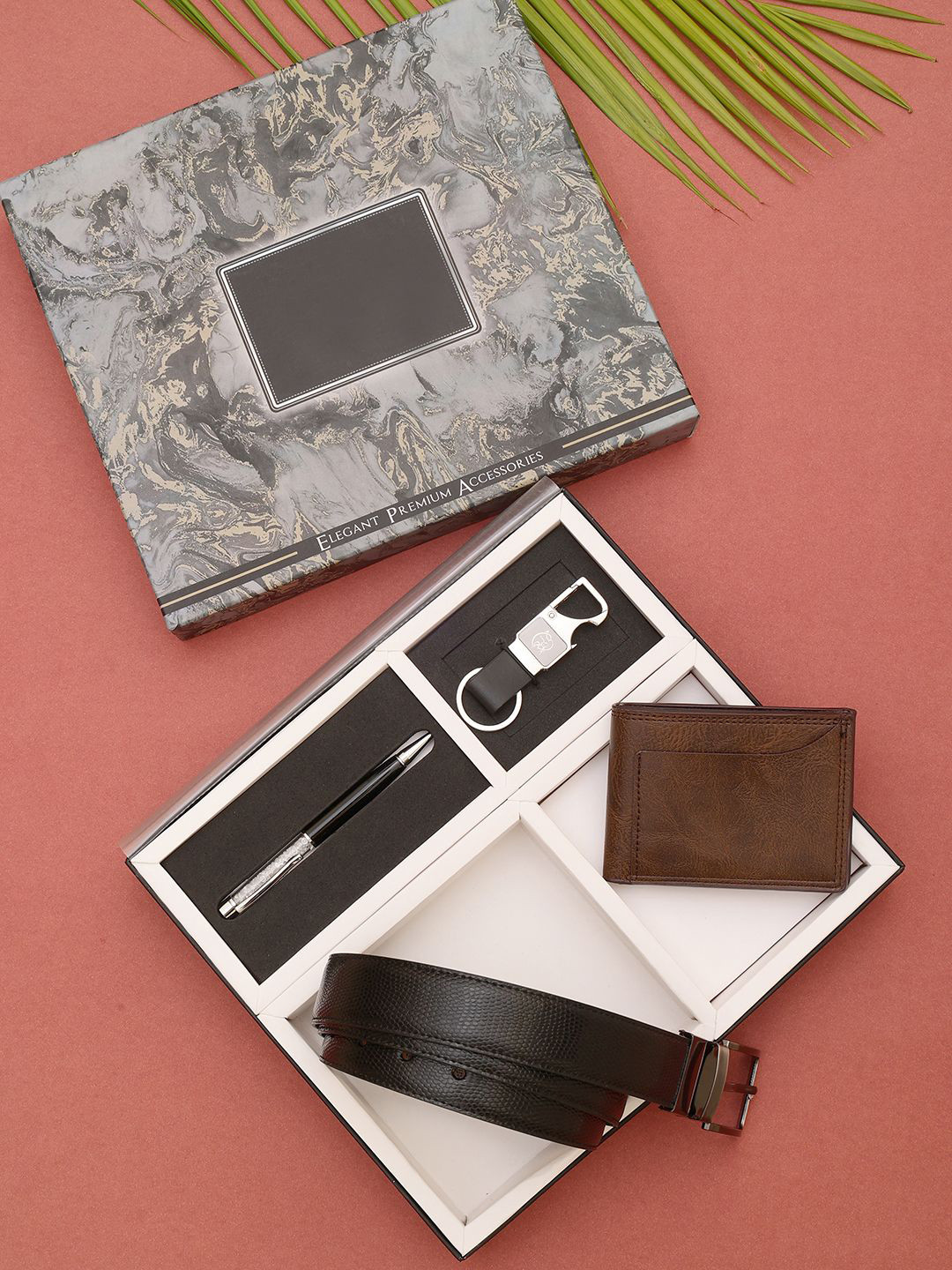 SAZARA Men Black & Brown Reversible Belt Wallet Keychain and Pen Gift Set