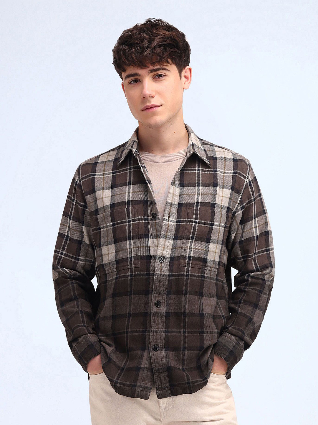 Flying Machine Men Classic Boxy Fit Spread Collar Tartan Checked Cotton Casual Shirt