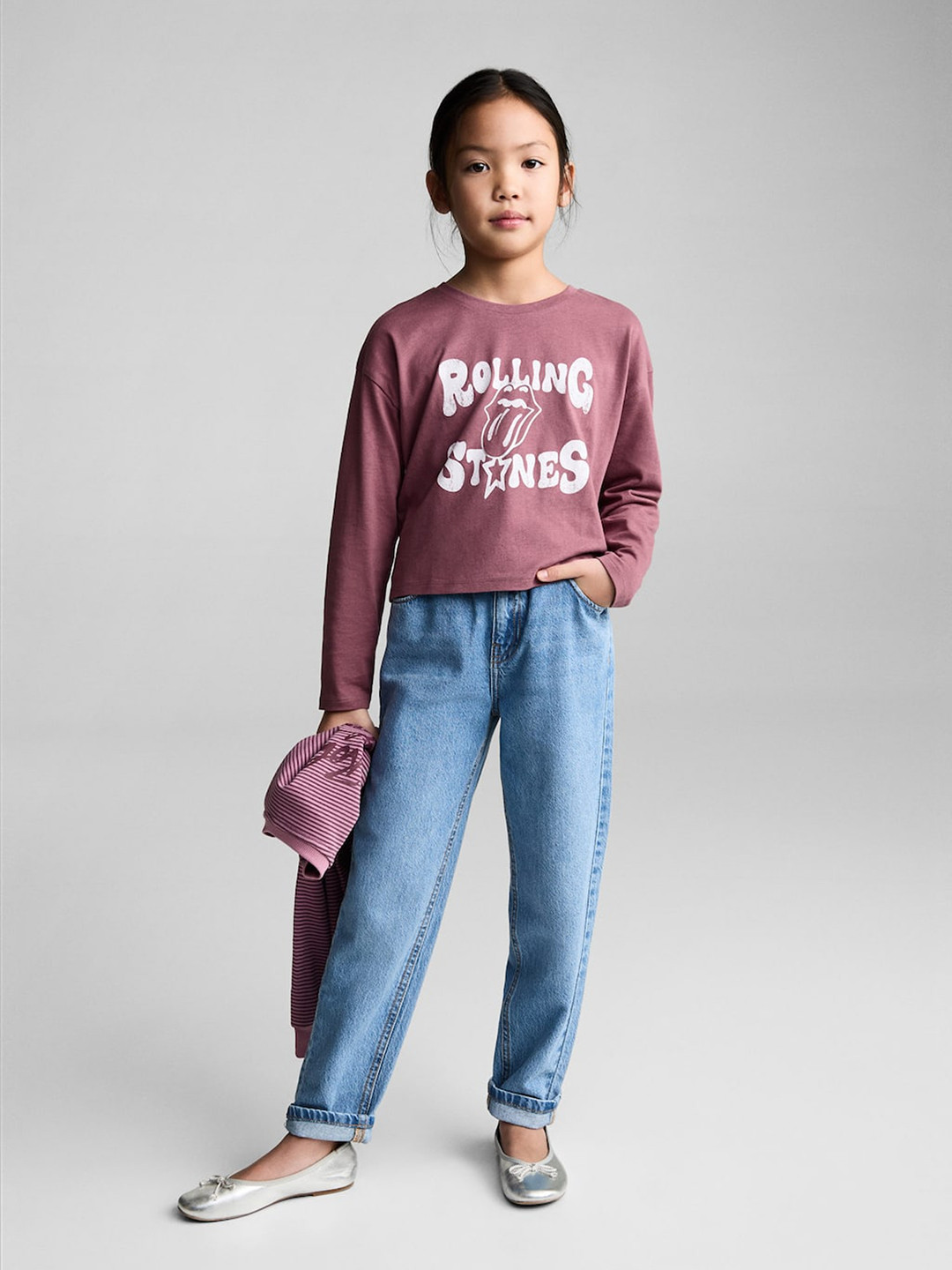 Mango Kids Girls Rolling Stones Print Drop-Shoulder Sleeves Pure Cotton T-shirt