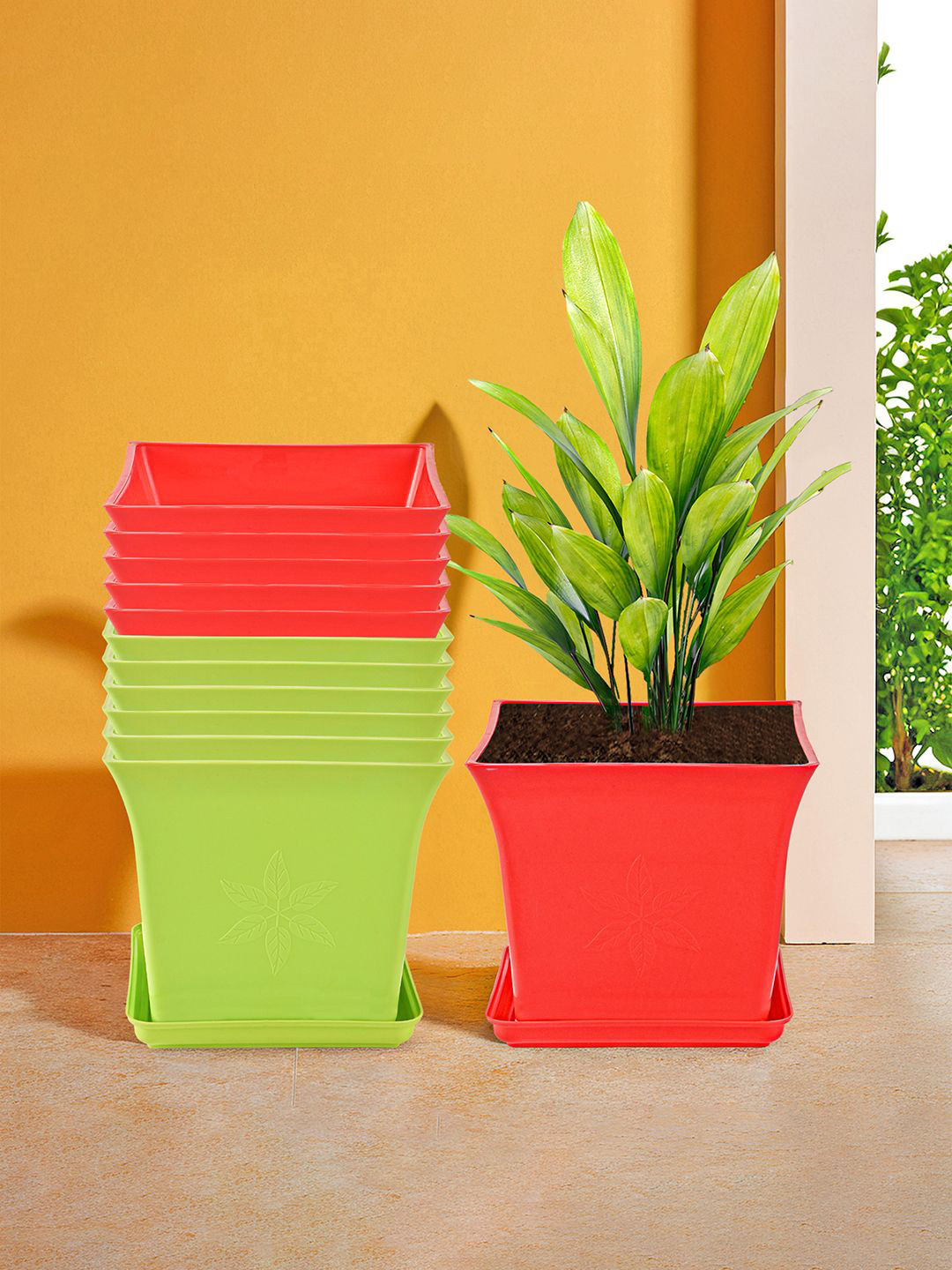 Kuber Industries Green & Red 12 Pieces Premium Flower Pots for Garden with Bottom Plates