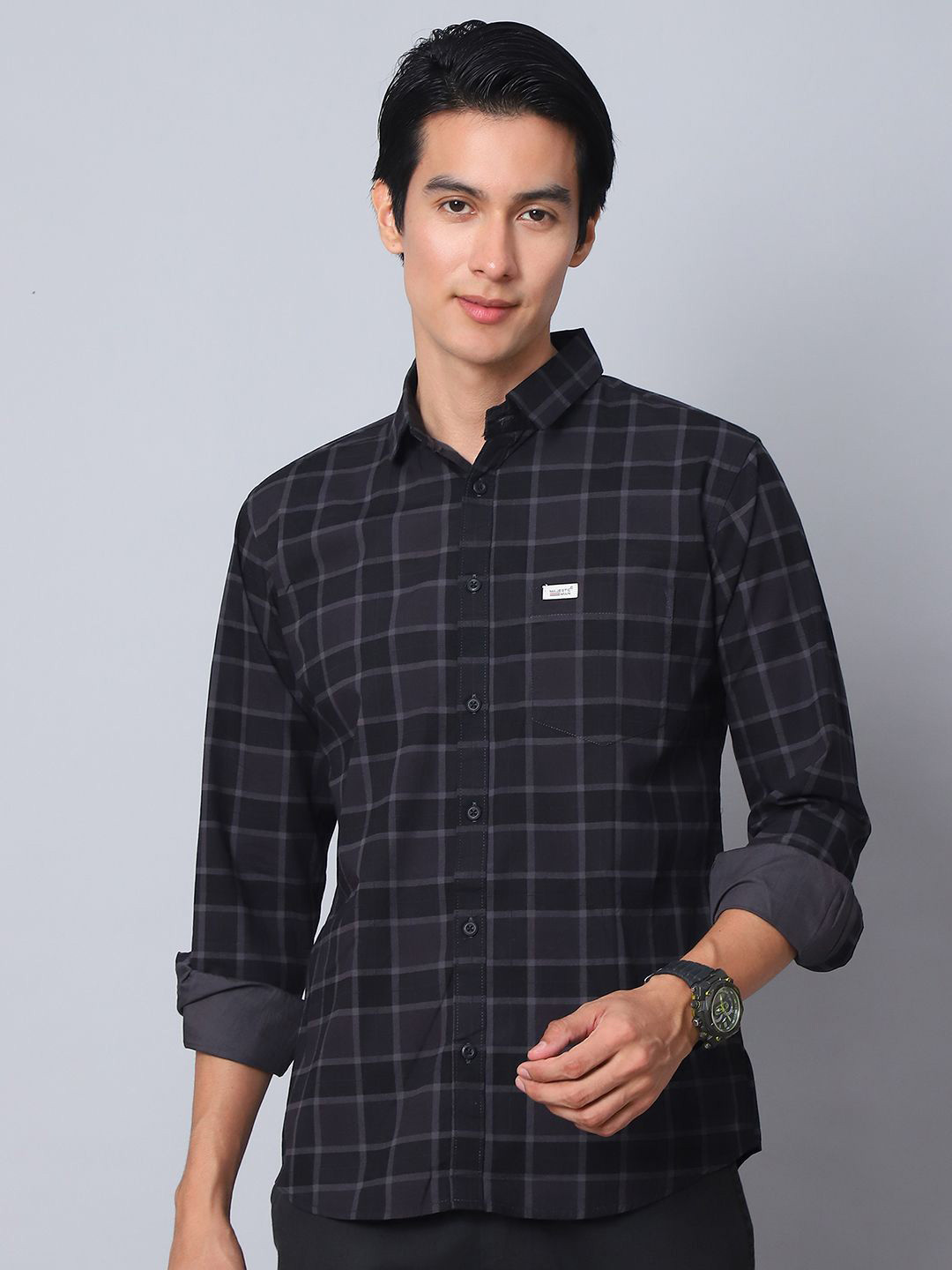 Majestic Man Men Contemporary Slim Fit Spread Collar Gingham Checked Cotton Casual Shirt