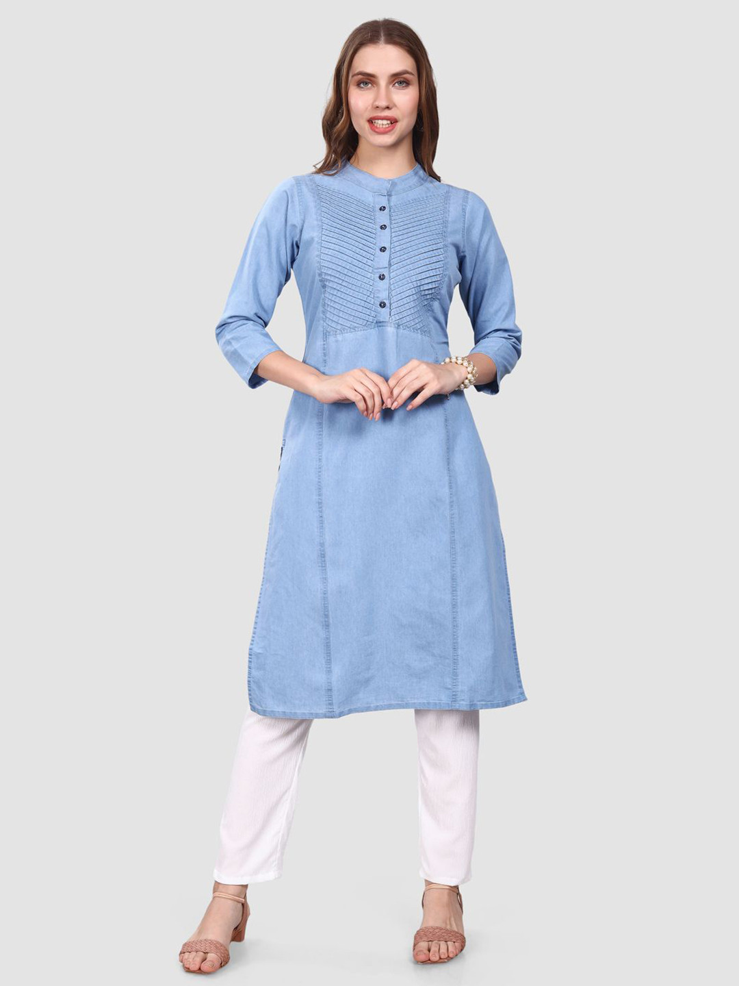SK Creation Striped Printed Denim Straight Kurta