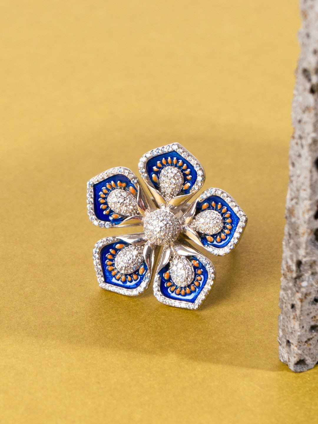 GLYTERS 92.5 Sterling Silver Stone-Studded Ethereal Duo Finger Ring