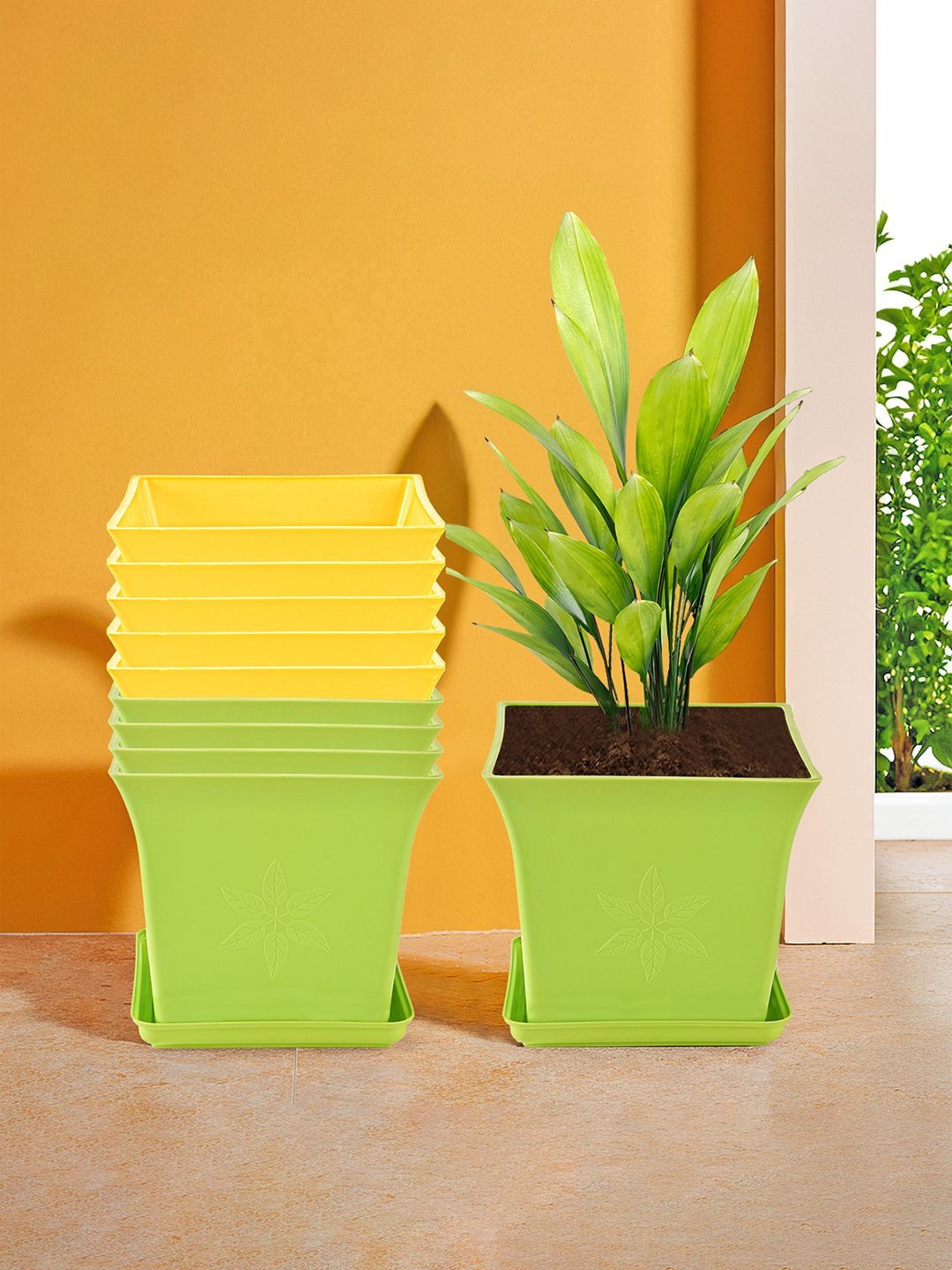 Kuber Industries Green & Yellow 10 Pieces Premium Flower Pots for Garden & Bottom Plates