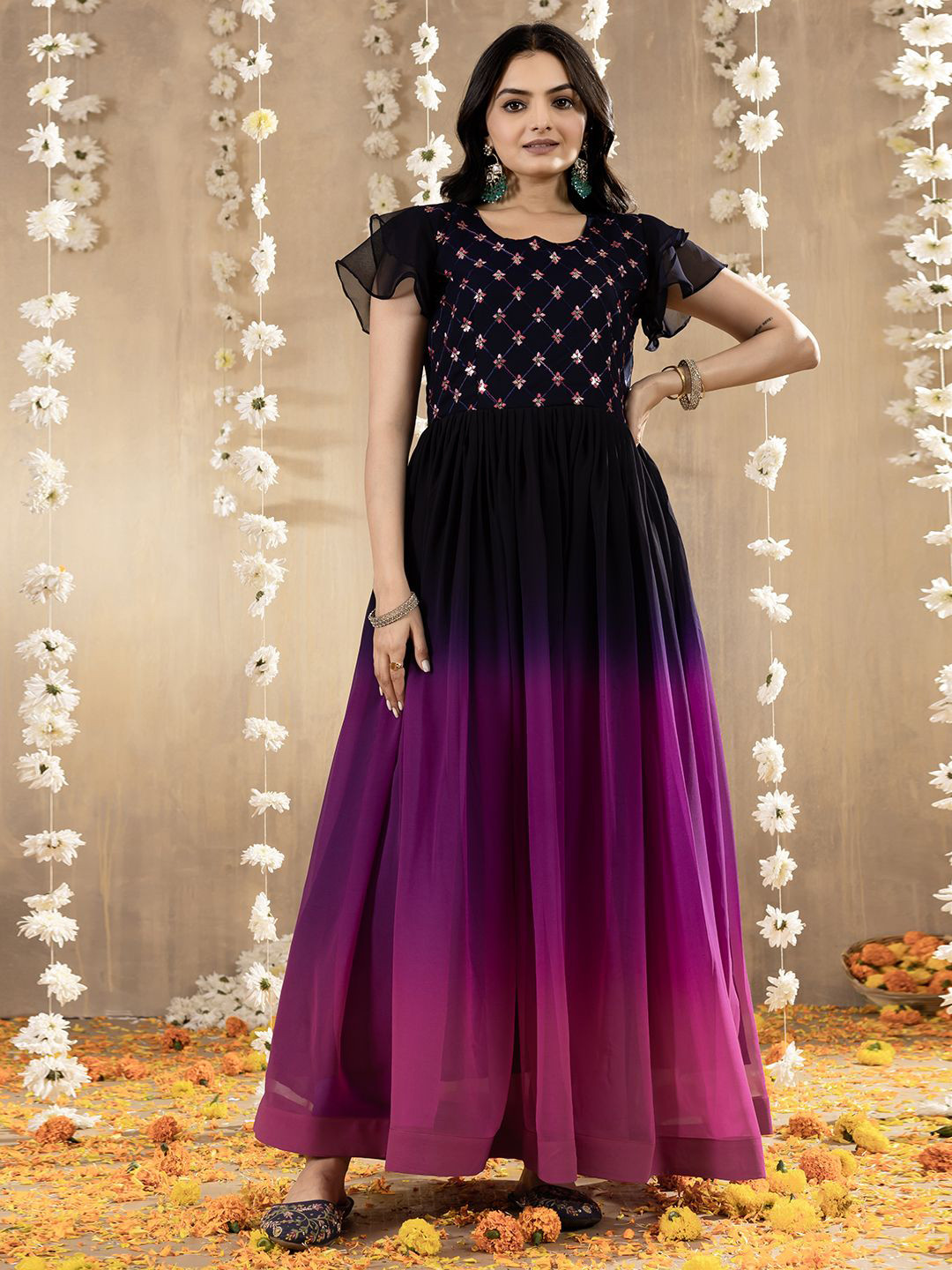 Tilton Women Tie and Dye Embroidered Cape Sleeve Georgette Gown Dress
