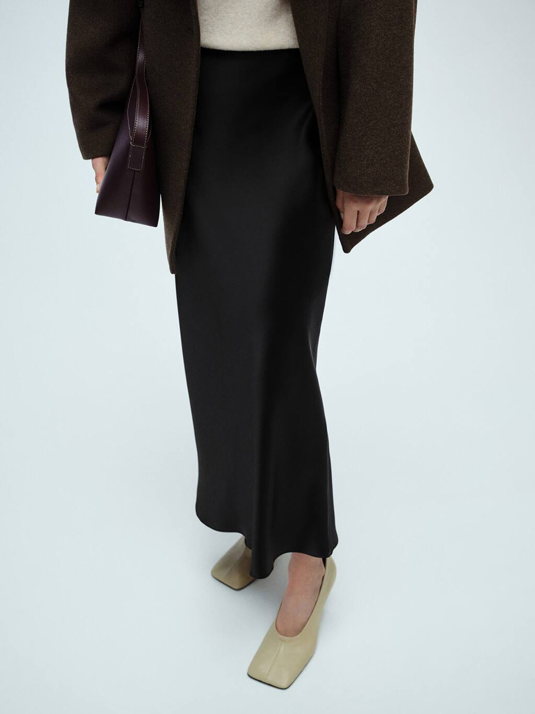 MANGO Mid-Rise Satin-Finish Maxi A-Line Skirt