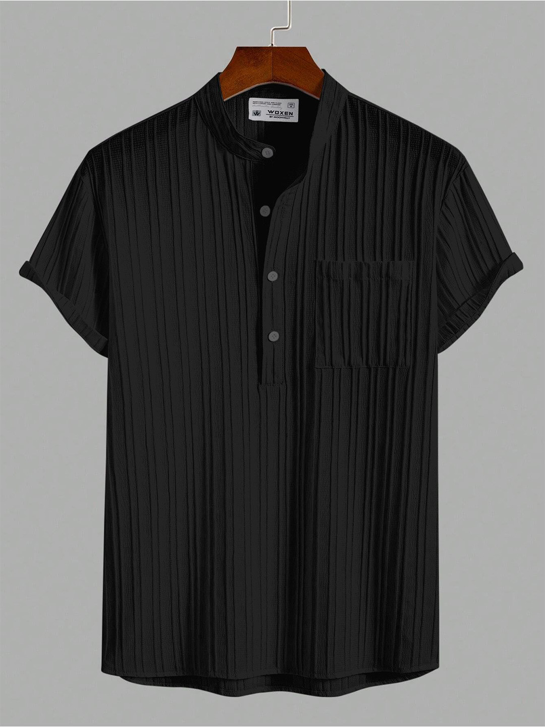WOXEN Men Original Fit Mandarin Collar Vertical Striped Casual Shirt