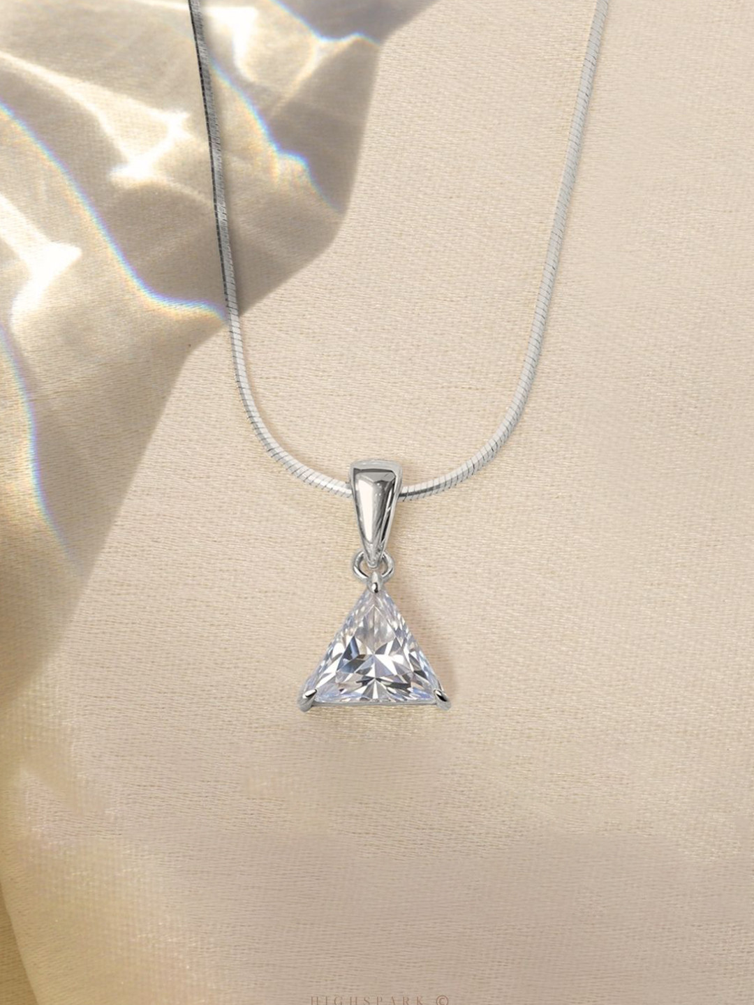 HighSpark 92.5 Sterling Silver CZ Studded Sparkling Triangular Solitaire Pendant Chain