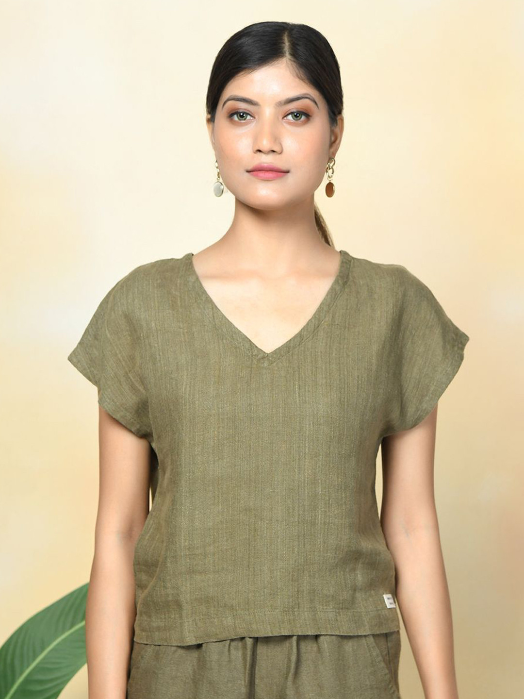 Rimore Women V-Neck Linen Boxy Crop Top