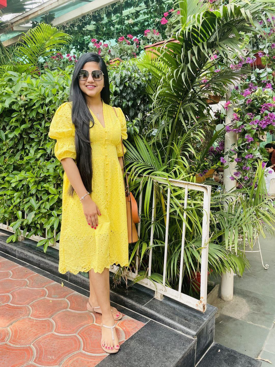 Miss Mosa By Akanksha  Women Yellow Luna Summer Cotton Eyelet Dress