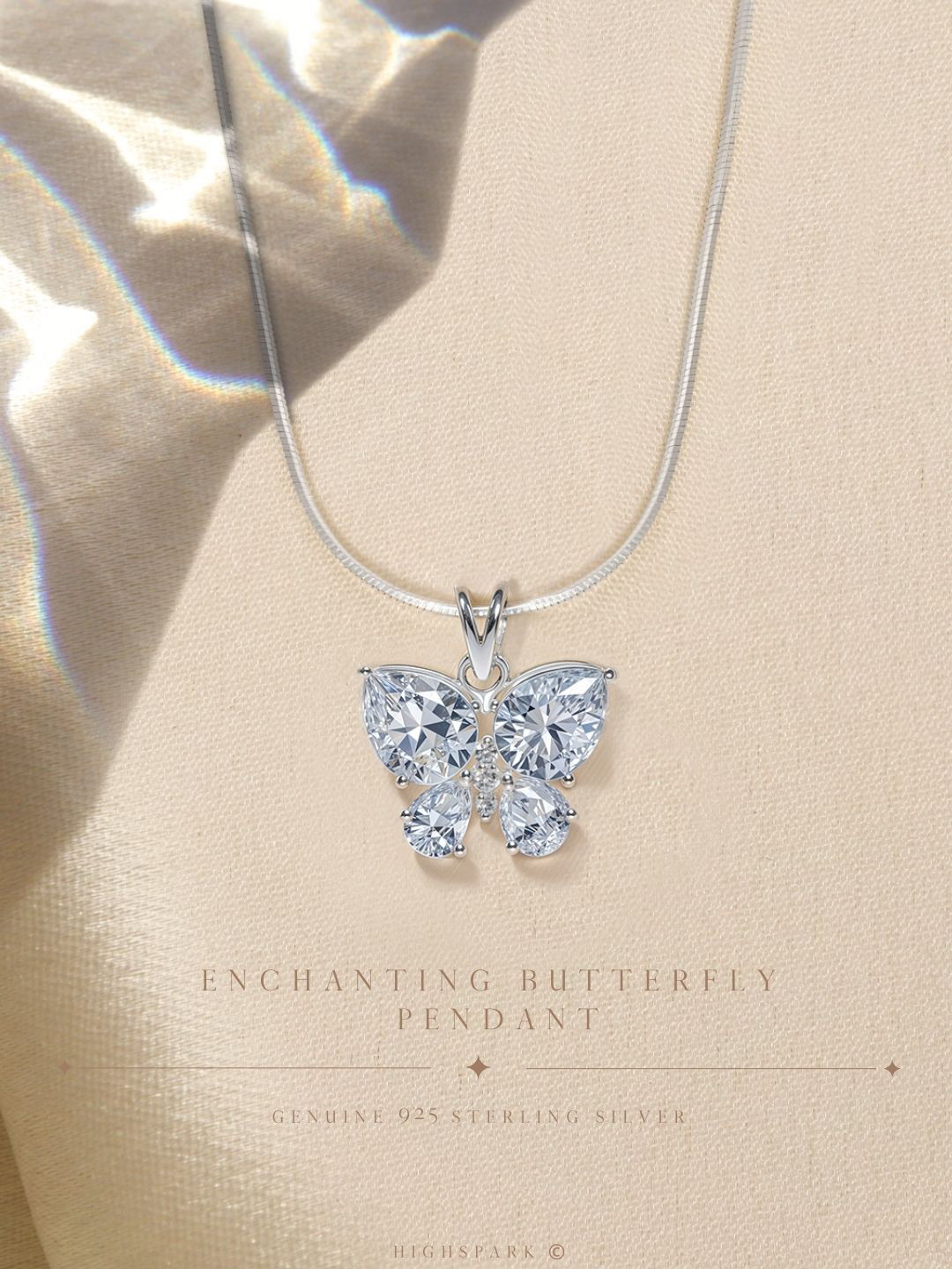 HighSpark 92.5 Sterling Silver CZ Studded Enchanting Butterfly Solitaire Pendant