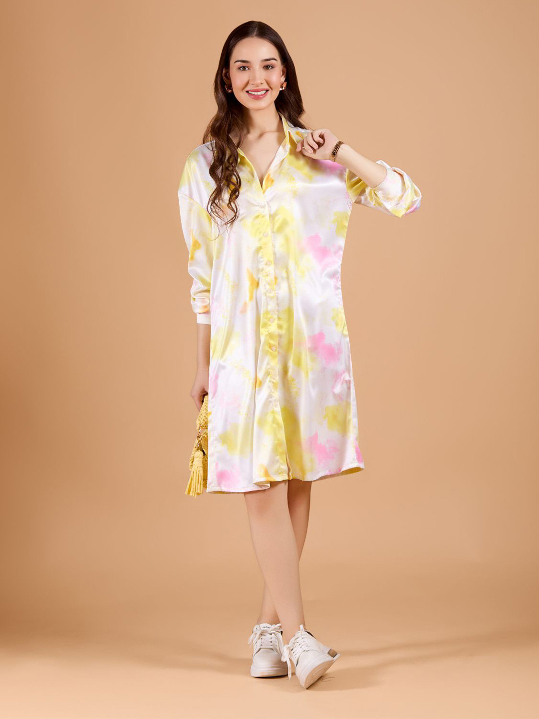 DressBerry Women White Tie-Dye Poly Satin Knee Long Dress