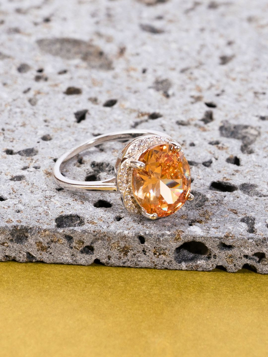 GLYTERS 92.5 Sterling Silver Stone-Studded Sunset Glow Finger Ring