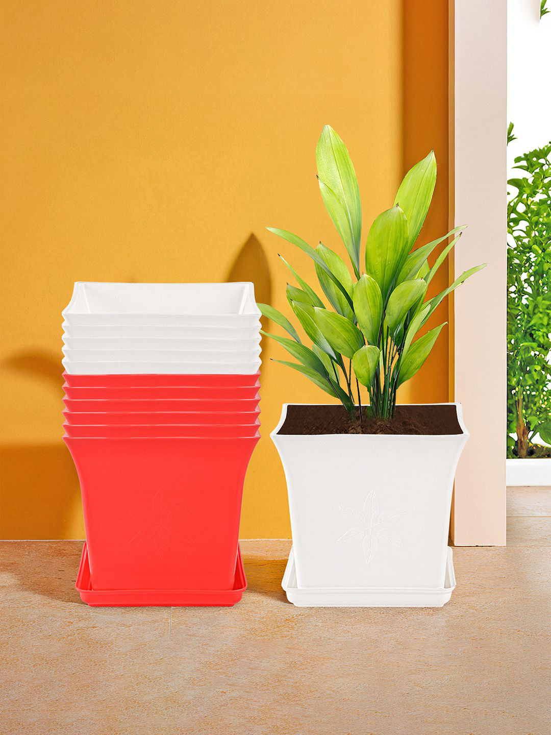 Kuber Industries Red & White 12 Pieces Premium Flower Pots for Garden with Bottom Plates
