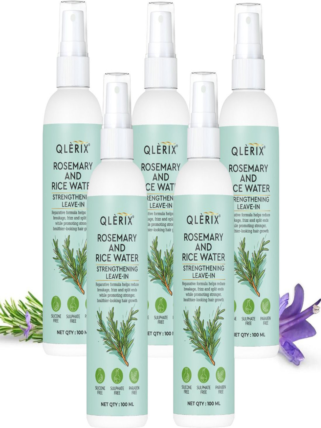QLERIX Set Of 5 Rosemary & Rice Water Leave-In Spray For Strengthening Hair - 100 ml Each