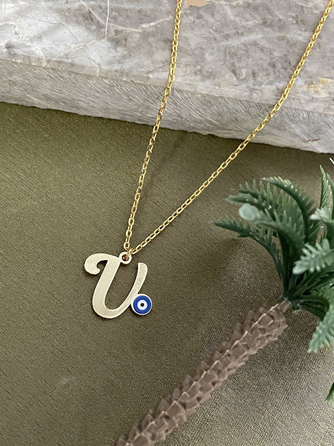 Digital Dress Room Gold-Plated Letter 'V' Evil Eye Pendent With Chain