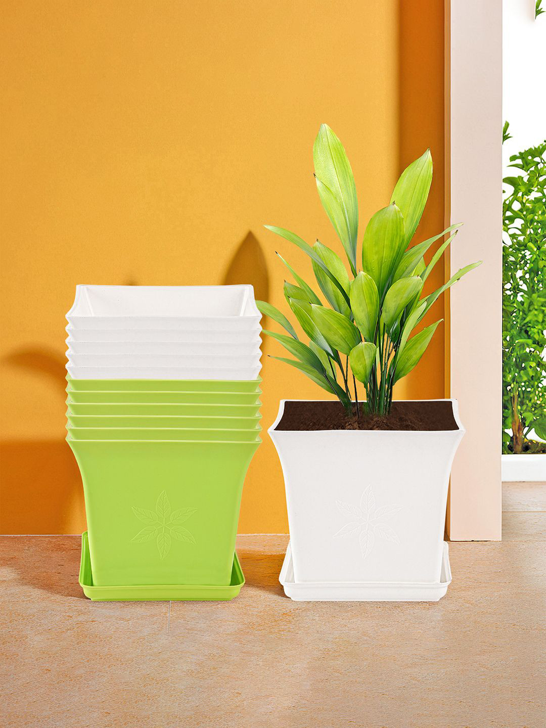 Kuber Industries Green & White 12 Pieces Premium Flower Pots for Garden with Bottom Plates