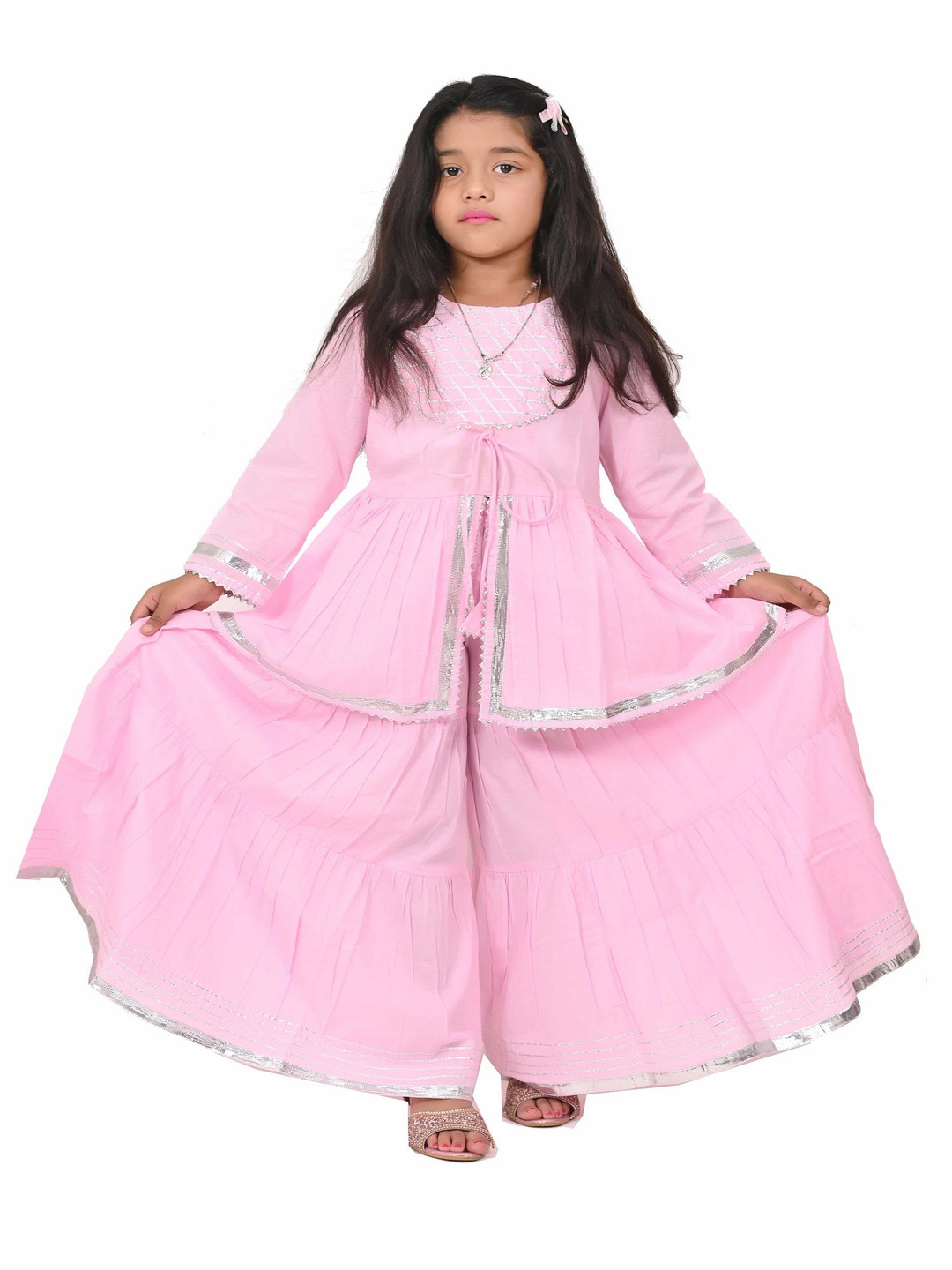 Megha Overseas Girls Round Neck Pleated Gotta Patti Anarkali Kurti With Sharara