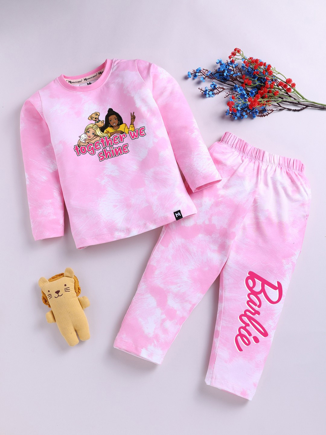 YK X Minute Mirth Girls Barbie Printed Pure Cotton T-shirt with Pyjamas