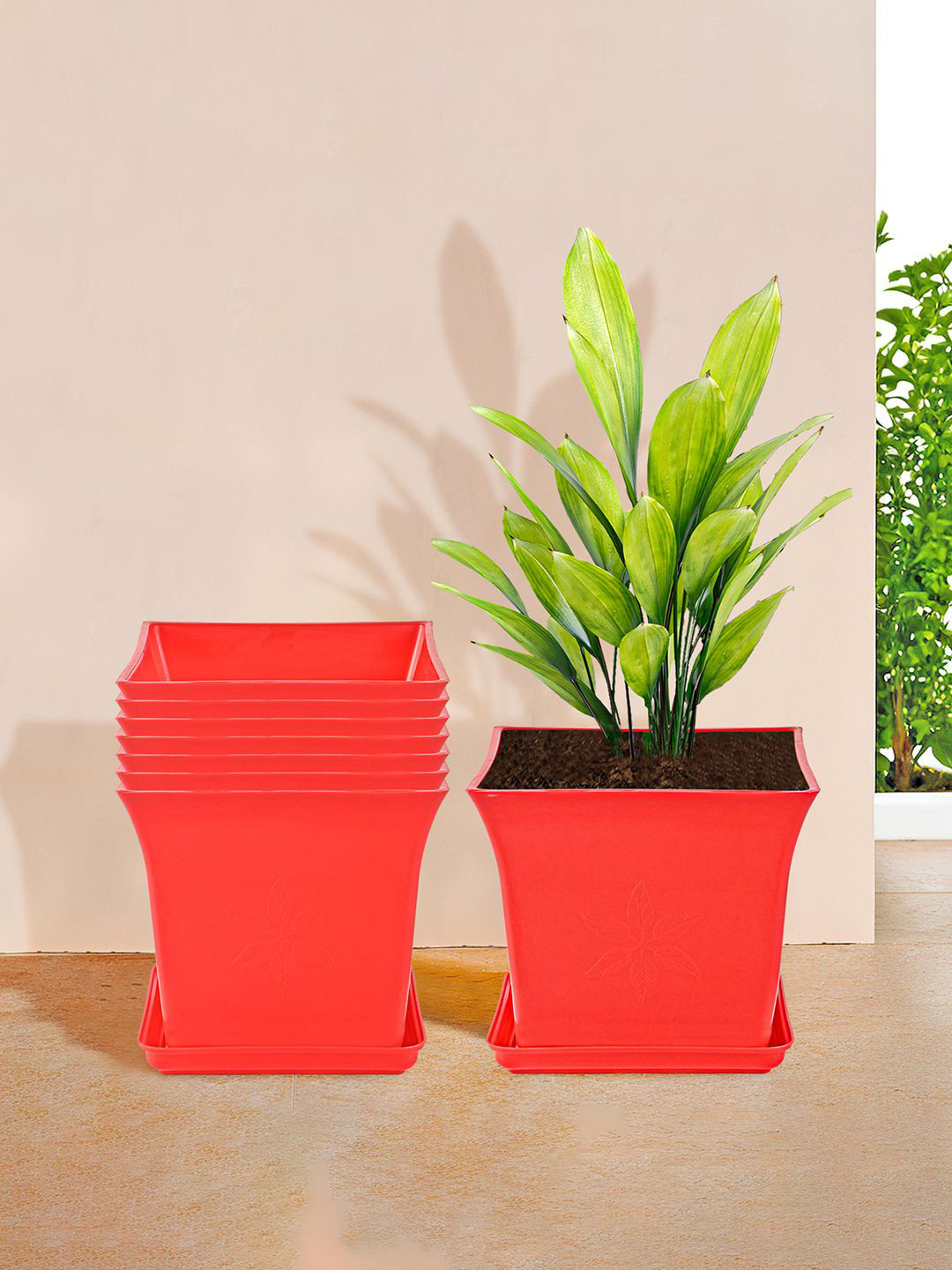 Kuber Industries 8 Pieces Red Premium Flower Pots for Garden with Bottom Plates