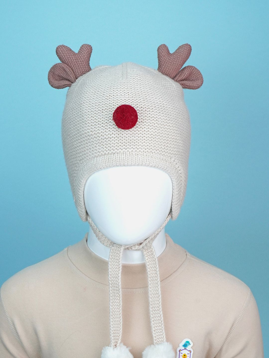 Little Surprise Box LLP Kids Cream Baby Antler Knitted Soft Woolen Winter Cap
