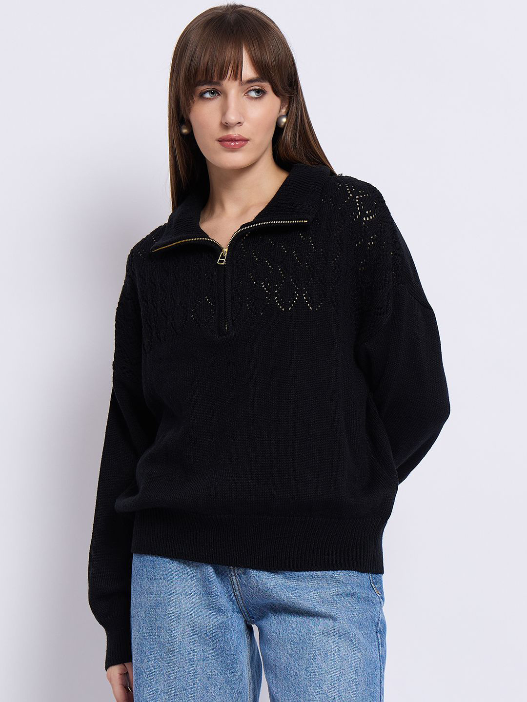 FEMMELLA Women High Neck Half Zip Pullover Sweater