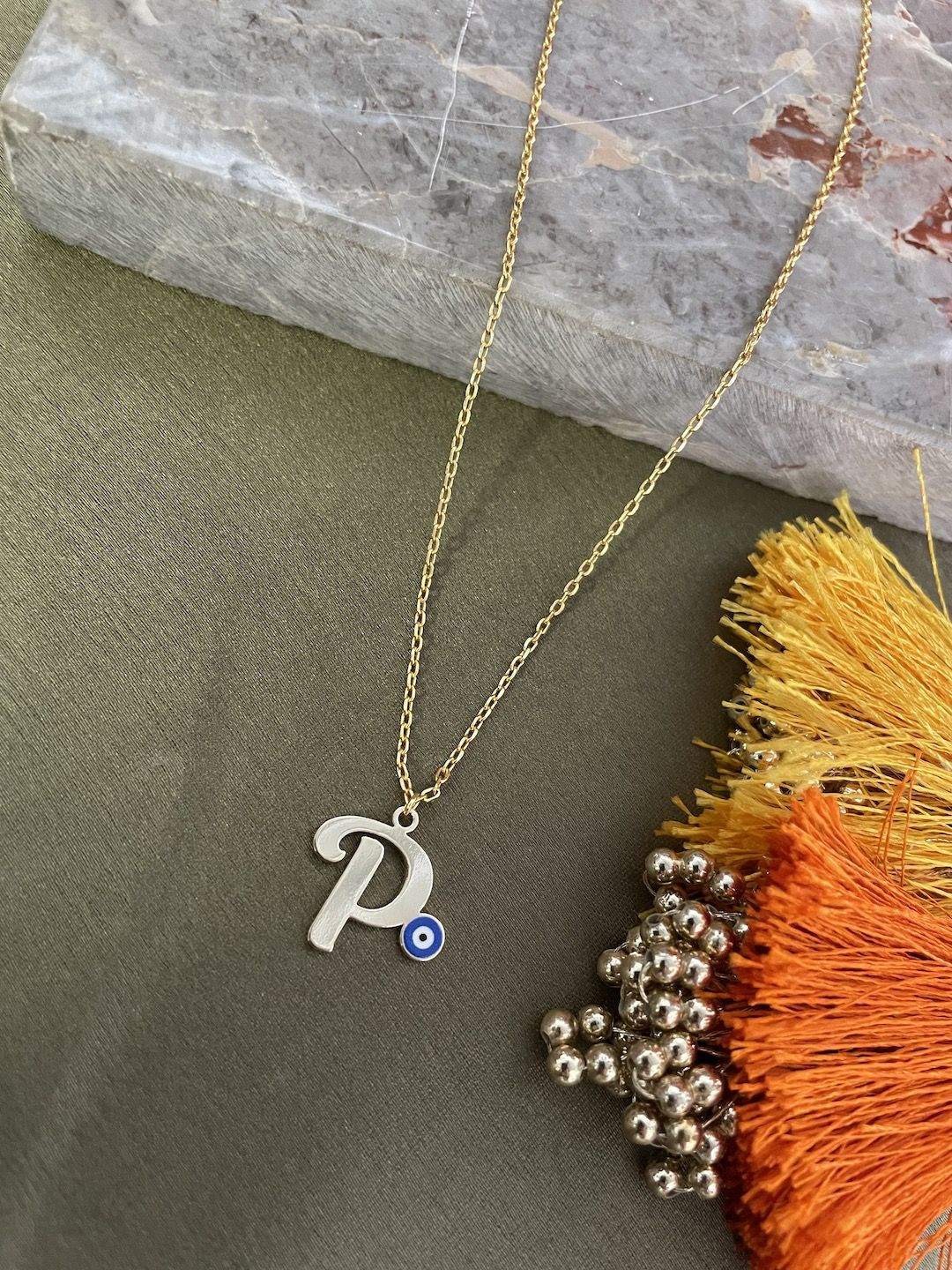 Digital Dress Room Gold-Plated 'P' Evil Eye Pendent With Chain